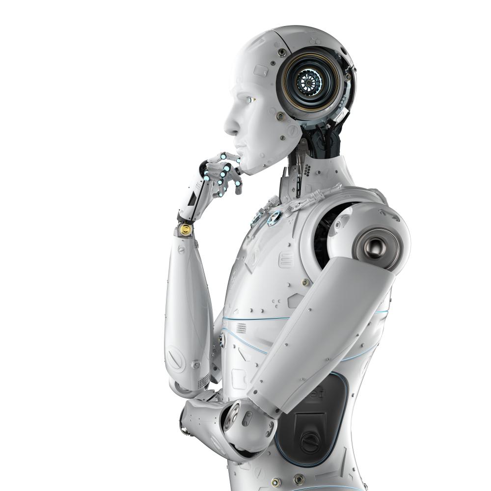 3d,rendering,humanoid,robot,thinking,on,white,background